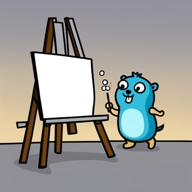 A 2D cartoon-style depiction of Go Blue Gopher painting a canvas on an easel.