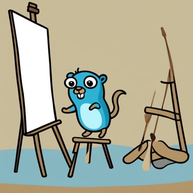 A 2D cartoon-style depiction of Go Blue Gopher painting a canvas on an easel.