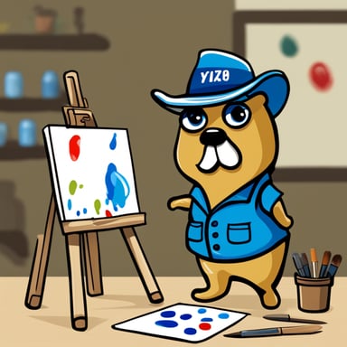 A 2D cartoon-style depiction of Go Blue Gopher painting a canvas on an easel.