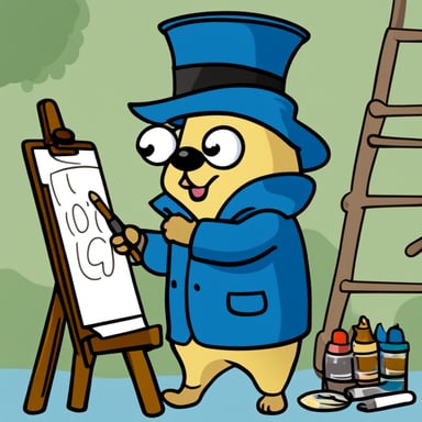 A 2D cartoon-style depiction of Go Blue Gopher painting a canvas on an easel.