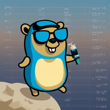 Go Blue Gopher: a cool, confident gopher with trading charts in the background.