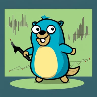 Go Blue Gopher: a cool, confident gopher with trading charts in the background.