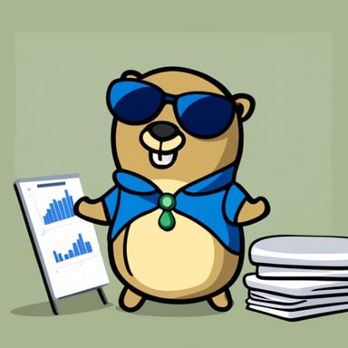 Go Blue Gopher: a cool, confident gopher with trading charts in the background.