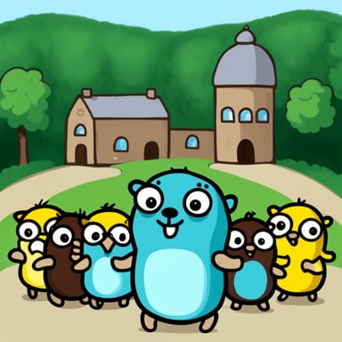 Go blue gopher stands in a line.