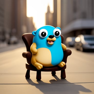 Obese Go Blue Gopher sitting in a chair.