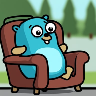 Obese Go Blue Gopher sitting in a chair.