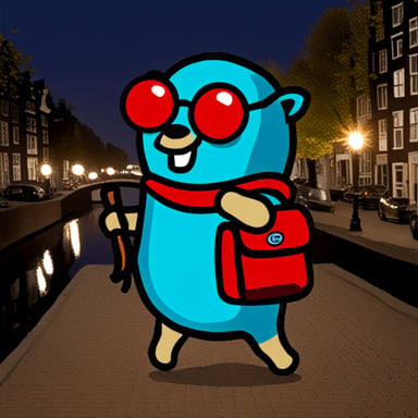 Go blue gopher attending Amsterdam Go meetup.