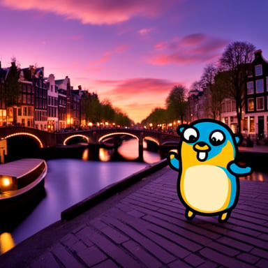 Go blue gopher attending Amsterdam Go meetup.