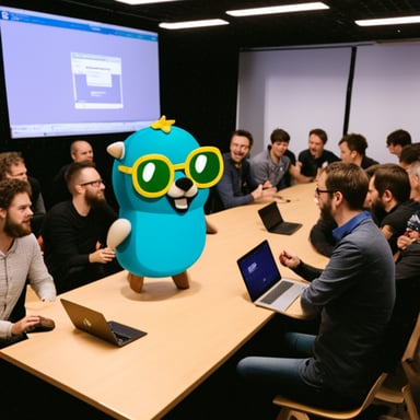 Go Blue Gopher attended the Amsterdam Go meetup. The room was full of Go developers, each with a Heineken beer in hand.