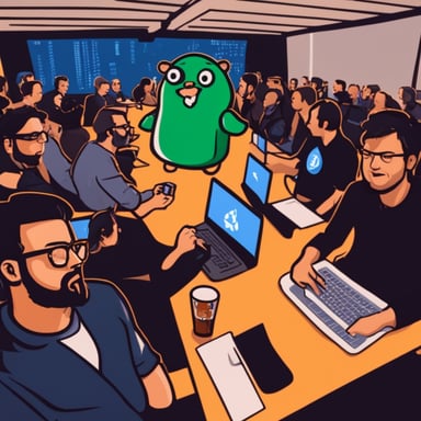 Go Blue Gopher attended the Amsterdam Go meetup. The room was full of Go developers, each with a Heineken beer in hand.
