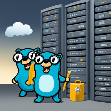 Go blue gopher running a distributed database ensures high availability and fault tolerance for critical data management.