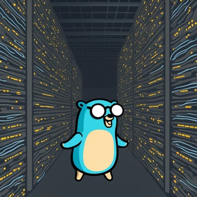 Go blue gopher running a distributed database ensures high availability and fault tolerance for critical data management.