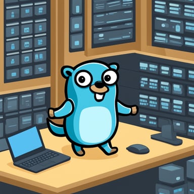 Go blue gopher running a distributed database ensures high availability and fault tolerance for critical data management.