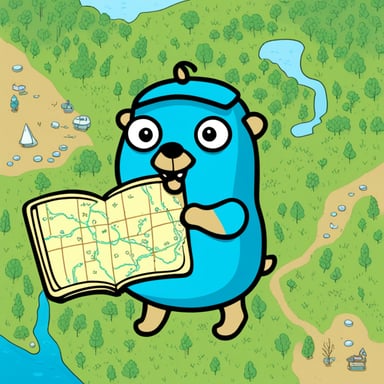 Go blue gopher navigates using a Swiss map.