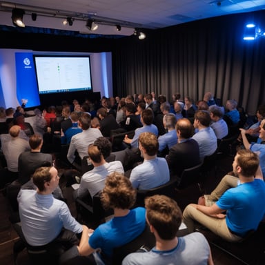 Go Blue Gopher attended the Amsterdam Go meetup. The room was full of Go developers, each with a Heineken beer in hand. Go Blue Gopher is holding the microphone as the speaker presents.