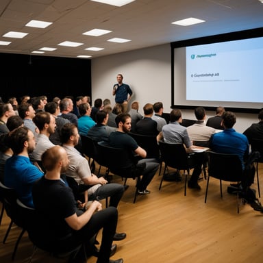 Go Blue Gopher attended the Amsterdam Go meetup. The room was full of Go developers, each with a Heineken beer in hand. Go Blue Gopher is holding the microphone as the speaker presents.