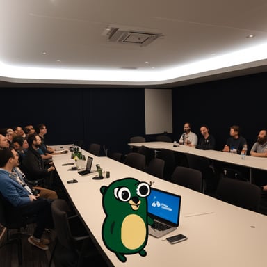 Go Blue Gopher attended the Amsterdam Go meetup. The room was full of Go developers, each with a Heineken beer in hand. Go Blue Gopher is holding the microphone as the speaker presents.
