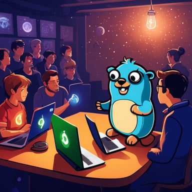 Go Blue Gopher attended the Amsterdam Go meetup, transforming the room into a realm of magic and energy. Surrounded by Go developers, each with a Heineken beer in hand, Go Blue Gopher held the microphone, casting spells of wisdom and enthusiasm. The atmosphere turned ultrareal HD, as if every line of code discussed wove a spell of its own. The excitement was palpable, with Go Blue Gopher at the heart of it all, making the event an unforgettable gathering of creativity and community spirit.