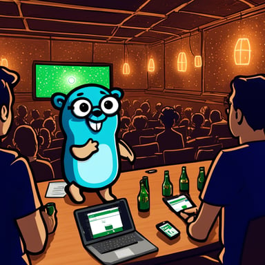 Go Blue Gopher attended the Amsterdam Go meetup, transforming the room into a realm of magic and energy. Surrounded by Go developers, each with a Heineken beer in hand, Go Blue Gopher held the microphone, casting spells of wisdom and enthusiasm. The atmosphere turned ultrareal HD, as if every line of code discussed wove a spell of its own. The excitement was palpable, with Go Blue Gopher at the heart of it all, making the event an unforgettable gathering of creativity and community spirit.