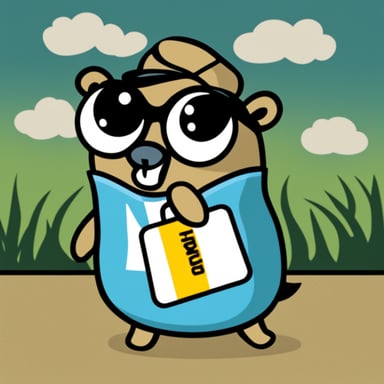 Go blue gopher with a name tag that says multiple of nil as one word