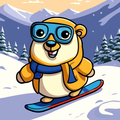 Go blue gopher enjoys snowboarding on the snowy slopes, mastering turns and jumps with enthusiasm.