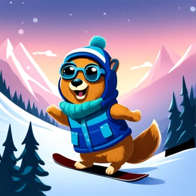 Go blue gopher enjoys snowboarding on the snowy slopes, mastering turns and jumps with enthusiasm.