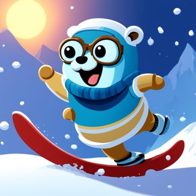 Go blue gopher enjoys snowboarding on the snowy slopes, mastering turns and jumps with enthusiasm.