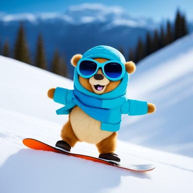 Go blue gopher enjoys snowboarding on the snowy slopes, mastering turns and jumps with enthusiasm.