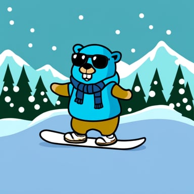 Go blue gopher is doing snowboarding with cool clothing.