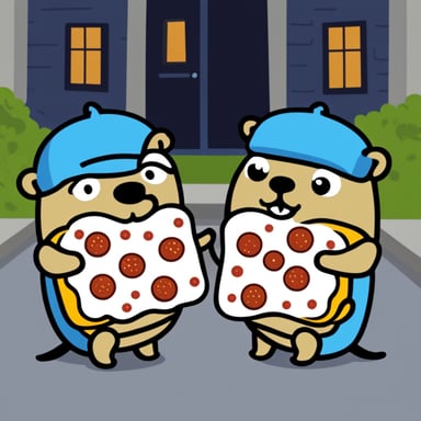 Two hungry go blue gophers eating pizza.