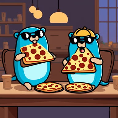 Two hungry go blue gophers eating pizza.