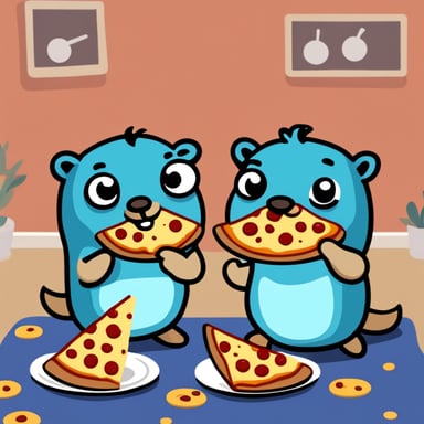Two hungry go blue gophers eating pizza.