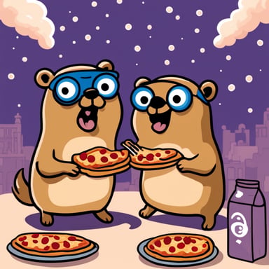 Two hungry go blue gophers eating pizza.