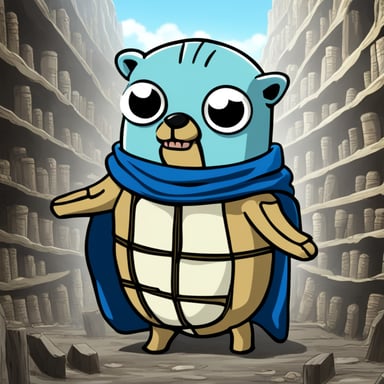 Go blue gopher as an Attack on Titan character would bravely face the Titans, equipped with ODM gear and a determination as strong as the walls protecting humanity.
