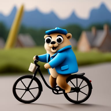 Go blue gopher riding a bicycle wearing Dutch klompen. Realistic fullhd.