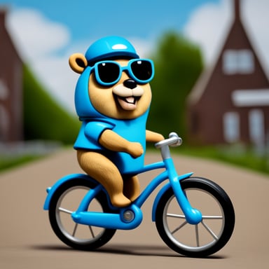 Go blue gopher riding a bicycle wearing Dutch klompen. Realistic fullhd.