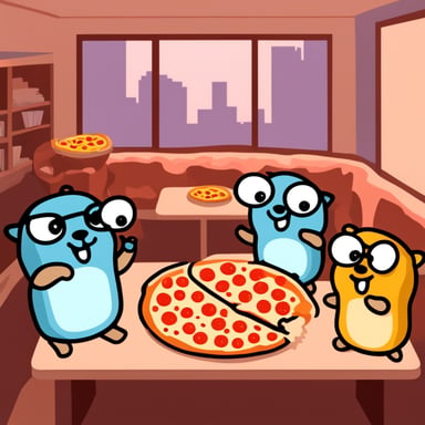 Go Blue Gopher eating pizza with fellow gophers.