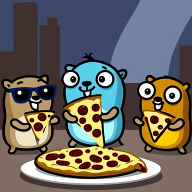 Go Blue Gopher eating pizza with fellow gophers.