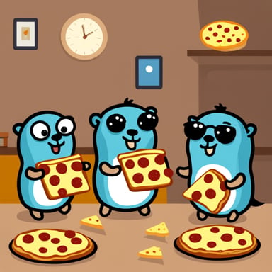 Go Blue Gopher eating pizza with fellow gophers.