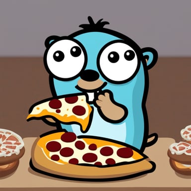 Go Blue Gopher eating pizza with fellow gophers.