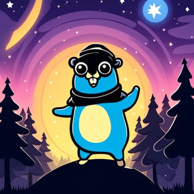 Go Blue Gopher dancing like a gabber at a rave in the Swedish forest under a starry night.