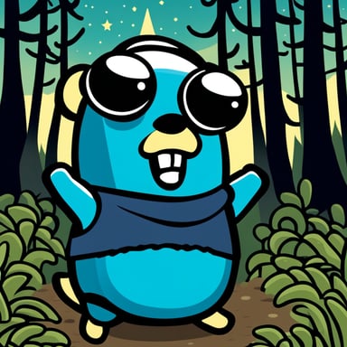Go Blue Gopher dancing like a gabber at a rave in the Swedish forest under a starry night.