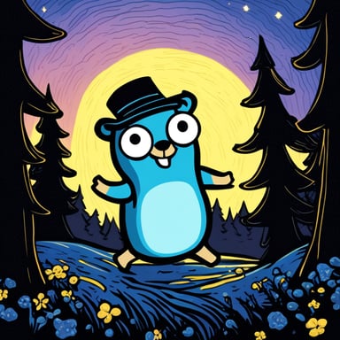 Go Blue Gopher dancing like a gabber at a rave in the Swedish forest on a starry night inspired by Van Gogh.