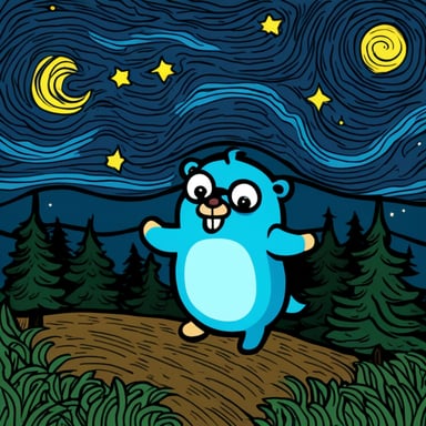 Go Blue Gopher dancing like a gabber at a rave in the Swedish forest on a starry night inspired by Van Gogh.