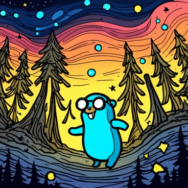 Go Blue Gopher dancing like a gabber at a rave in the Swedish forest on a starry night inspired by Van Gogh.