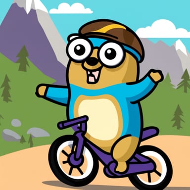 Go blue gopher excitedly riding a mountain bike.