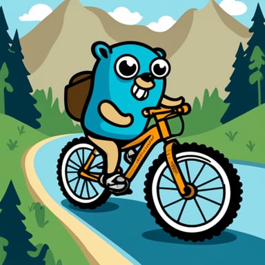 Go blue gopher excitedly riding a mountain bike.