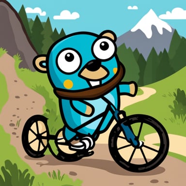 Go blue gopher excitedly riding a mountain bike.