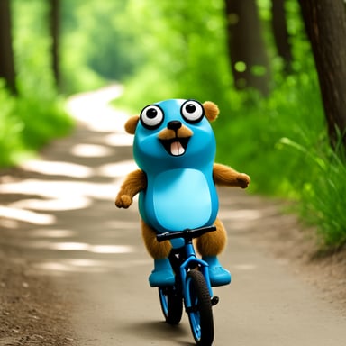 Go blue gopher excitedly riding a mountain bike.