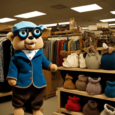 Go blue gopher in second-hand clothes searches for unique finds at the local thrift store, adding a touch of vintage charm to its look.